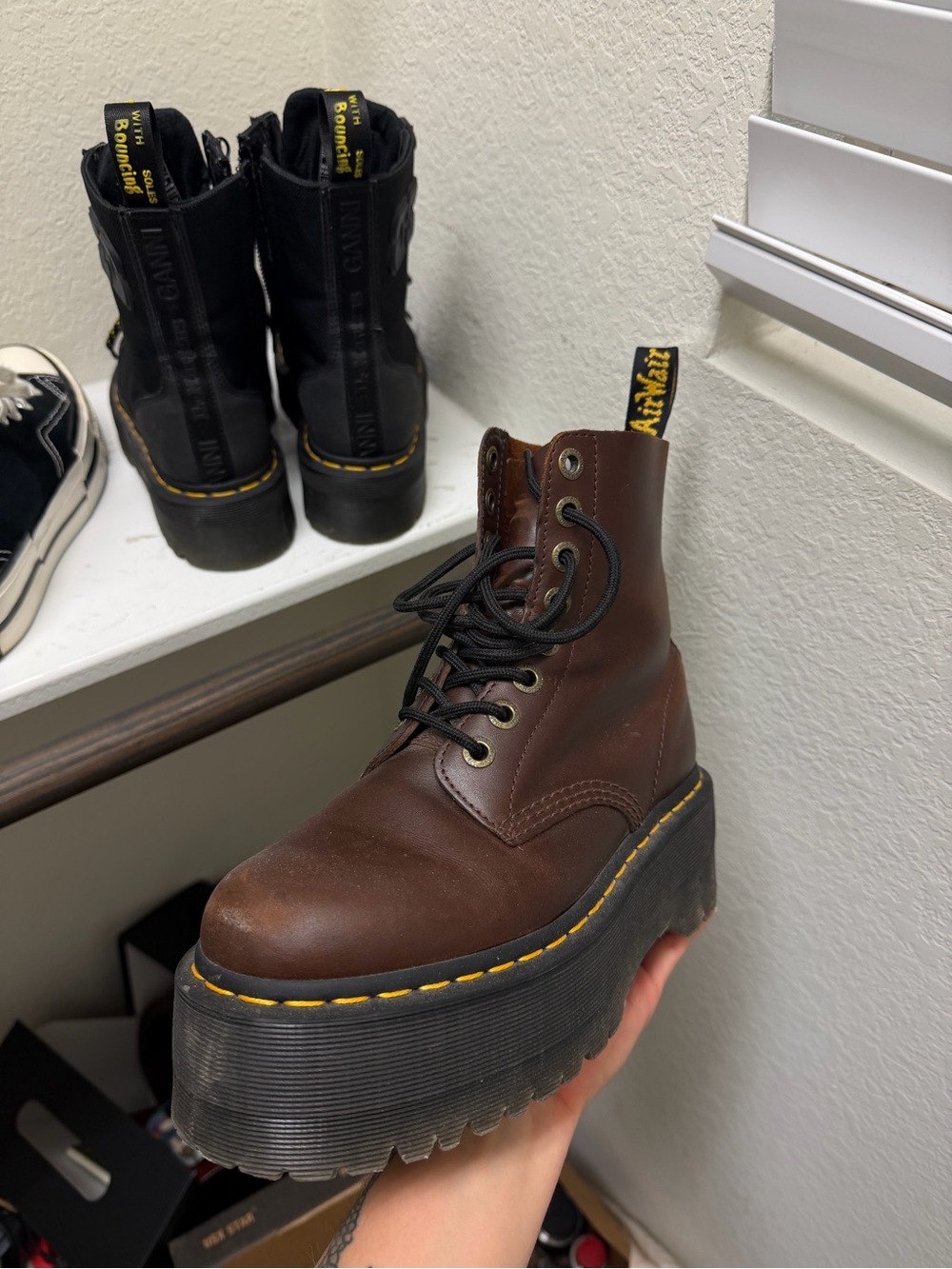 Dr. Martens Brown Leather Platform Combat Boots with Yellow Stitching